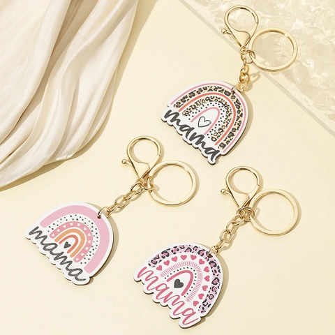 Bohemian Regenboog Mama Houten Sleutelhanger Luipaard Hart Hanger Goud Zinklegering Sleutelring Moederdag Cadeau Dames