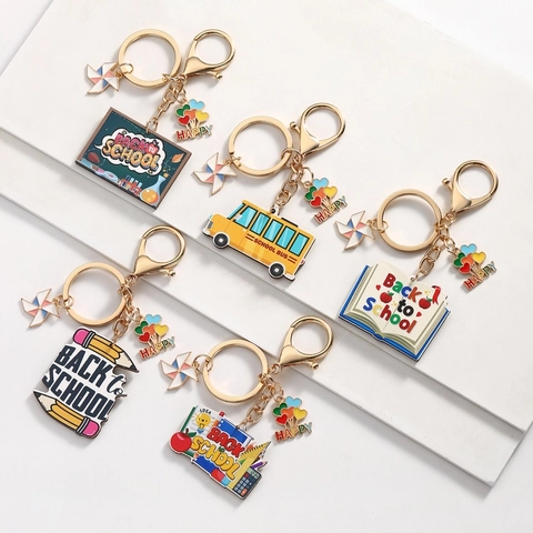 Back To School Enamel Keychain For Teachers Students Graduation Gift School Bus Pencil Book Windmill Pendant Key Ring Souvenir