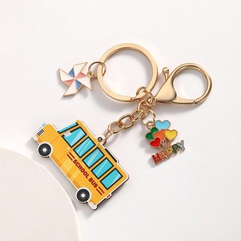 Back To School Enamel Keychain For Teachers Students Graduation Gift School Bus Pencil Book Windmill Pendant Key Ring Souvenir