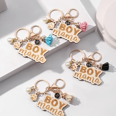 Llavero de Madera BOY Mama Con Borla de Cuero Sintético Imitación de Perla Artificial Huella de Pata Letra M Regalo Día de la Madre Mujer