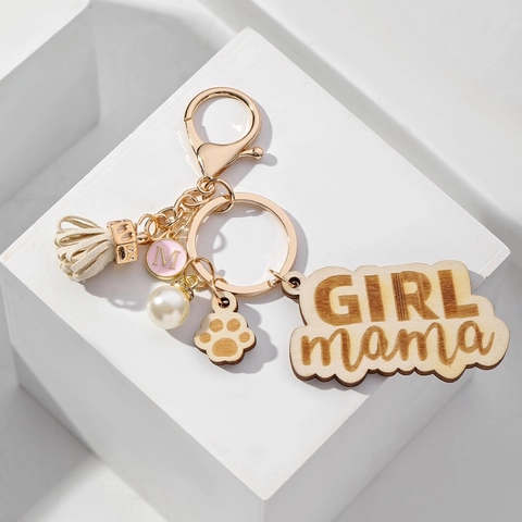 Llavero de Madera para Mujer Con Borla Perla Artificial de Imitación Colgante de Huella de Pata Girl Mama Madera Grabada Adorno de Bolso Regalo Accesorios