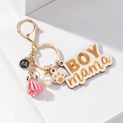 Llavero de Madera BOY Mama Con Borla de Cuero Sintético Imitación de Perla Artificial Huella de Pata Letra M Regalo Día de la Madre Mujer