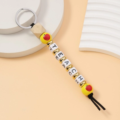 Portachiavi con Perline Alfabeto Teach con Nappina in Legno Regalo Creativo per l'Apprezzamento dell'Insegnante Anello Portachiavi a Tema Scolastico per Donne