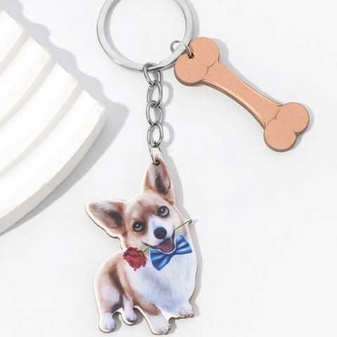 Cute Pet Dog Wood Keychain With Bone Pendant Realistic 3D Effect Puppy Cartoon Golden Retriever Corgi Pug Key Ring Gift