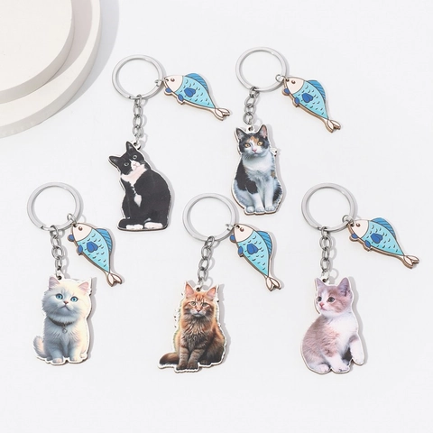 Lindo Llavero de Madera Con Efecto 3D Gato Comiendo Pescado Dibujos Animados Impresión a Color Colgante de Animal Para Bolsos Llaves