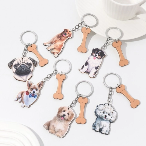 Cute Pet Dog Wood Keychain With Bone Pendant Realistic 3D Effect Puppy Cartoon Golden Retriever Corgi Pug Key Ring Gift