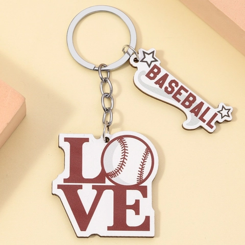Portachiavi Creativo in Legno a Forma di Palla Sportiva LOVE Stampato Baseball Calcio Basket Pallavolo Tennis Regalo