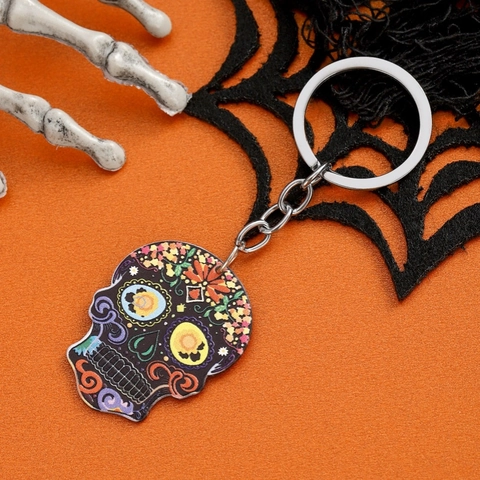 Porte-clés Crâne en Acrylique Gothique Halloween Jour Des Morts Pendentif Sugar Skull Punk Fantôme Anneau Clé Voiture Cadeau Fête