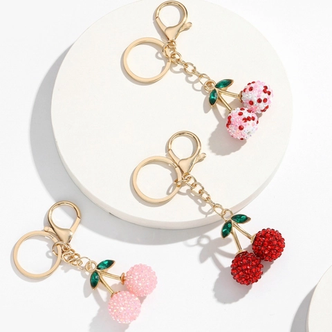 Simulation Cute Cherry Rhinestone Keychain Metal Inlaid Fruit Shape Bag Pendant Gold Color Keys Ornament For Women Jewelry Gift