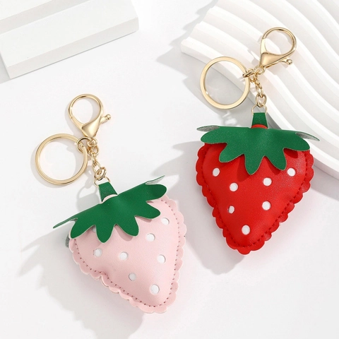 Süße Erdbeere PU-Leder Schlüsselanhänger Kawaii Frucht Taschenanhänger Für Damen Mädchen Tasche Auto Schlüsselring Deko Rosa Rot Leder Schlüsselanhänger Geschenk