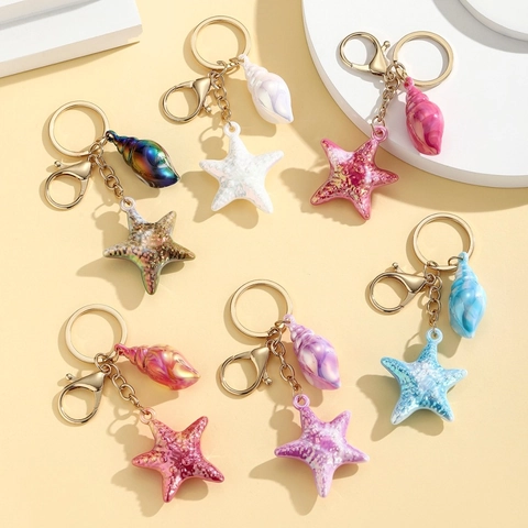 Creative Ocean Style Resin Sea Star Conch Keychain Gradient Marbling Shell Pendant Gold Keyring Bag Hanging Ornament