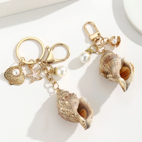 Portachiavi Stella Marina in Conca Naturale per Donna Lega Oro Ciondolo Borsa Tema Marino Con Perla Artificiale Gioielli Vacanza Estate Mare