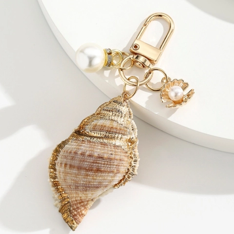 Portachiavi Stella Marina in Conca Naturale per Donna Lega Oro Ciondolo Borsa Tema Marino Con Perla Artificiale Gioielli Vacanza Estate Mare