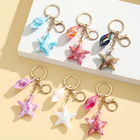 Creative Ocean Style Resin Sea Star Conch Keychain Gradient Marbling Shell Pendant Gold Keyring Bag Hanging Ornament