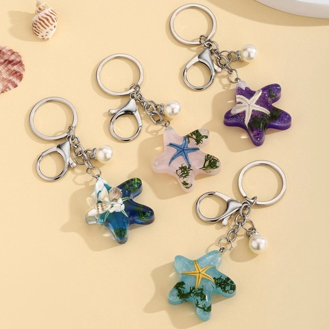 Portachiavi Creativo in Resina a Forma di Stella Marina Con Conchiglia e Imitazione Perla Artificial Ciondolo per Borsa Donna