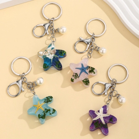Portachiavi Creativo in Resina a Forma di Stella Marina Con Conchiglia e Imitazione Perla Artificial Ciondolo per Borsa Donna