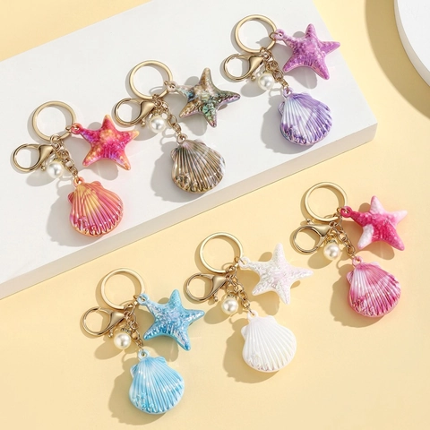 Ocean Style Resin Shell Starfish Keychain With Faux Artificial Pearl Colorful Gradient Iridescent Marine Theme Bag Pendant Women Gift