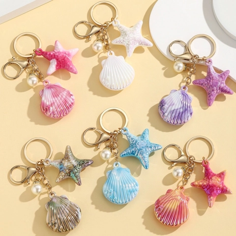 Ocean Style Resin Shell Starfish Keychain With Faux Artificial Pearl Colorful Gradient Iridescent Marine Theme Bag Pendant Women Gift