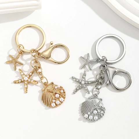 Llavero de Aleación Tema Océano Con Colgantes de Estrella de Mar Concha Y Perlas Artificiales de Imitación Adorno Decorativo de Bolso Para Mujer