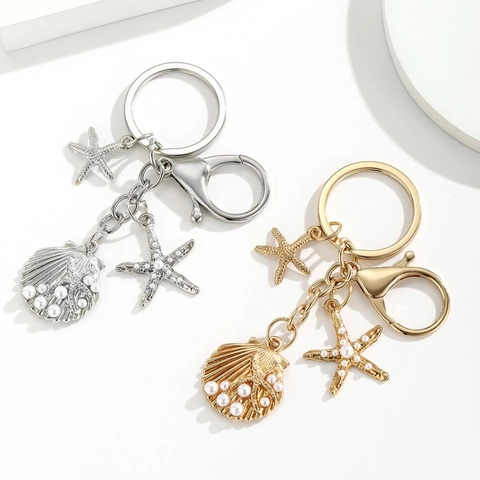 Llavero de Aleación Tema Océano Con Colgantes de Estrella de Mar Concha Y Perlas Artificiales de Imitación Adorno Decorativo de Bolso Para Mujer