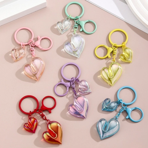 Transparent Iridescent Acrylic Heart Keychain Dual Heart Pendants Candy Color Bag Charm For Women Girls Backpack Decoration