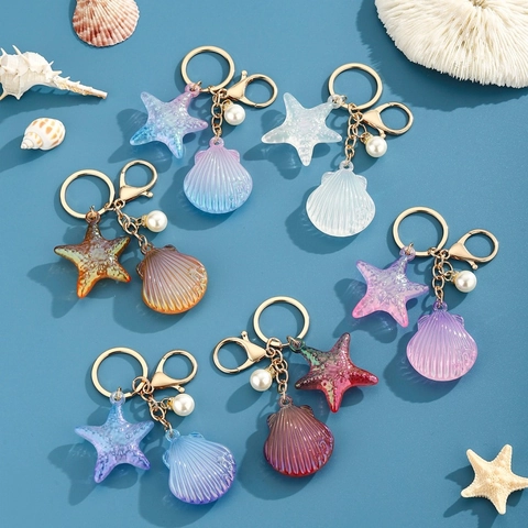 Llavero Tema Océano Concha Estrella de Mar Acrílico Resina Degradada Colgante de Bolso Perla Artificial Regalo Mujer