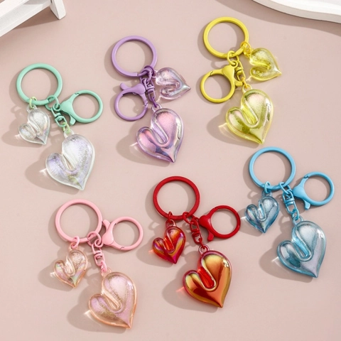Transparent Iridescent Acrylic Heart Keychain Dual Heart Pendants Candy Color Bag Charm For Women Girls Backpack Decoration