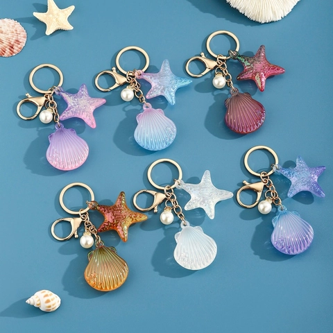 Llavero Tema Océano Concha Estrella de Mar Acrílico Resina Degradada Colgante de Bolso Perla Artificial Regalo Mujer