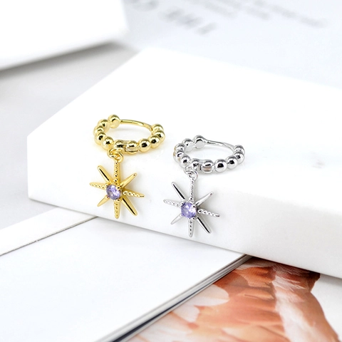 Vintage 925 Sterling Silver Post Copper North Star Hoop Earrings For Women Colorful Zirconia Octagram Pendant Jewelry