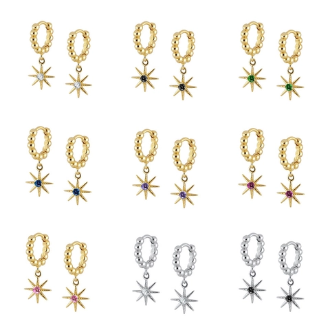 Vintage 925 Sterling Silver Post Copper North Star Hoop Earrings For Women Colorful Zirconia Octagram Pendant Jewelry