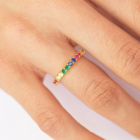 Rainbow Cubic Zirconia Eternity Ring For Women Gold Plated Copper Retro Fashion Trendy Multi Color Finger Stacking Ring