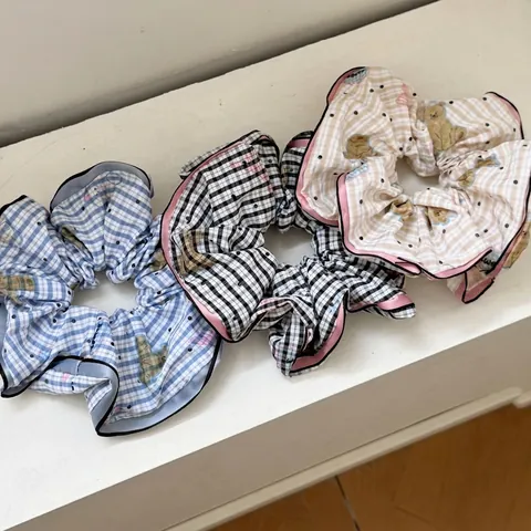 Zoete Meisje Cartoon Beer Print Scrunchie Stof Plaid Hoge Elastische Haarelastiek Vrouwen Haaraccessoires Verse Gingham Haarring