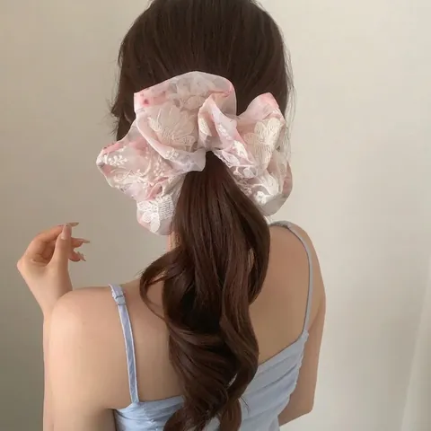 Chouchou Fleur Brodée Française Organza en Filet Imprimé Floral Élastique Cheveux Élégant Accessoire Femmes