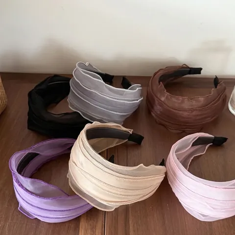 Diadema Ancha Plisada de Malla para Mujer Elegante Banda de Organza con Volantes Accesorios de Moda para el Cabello Diario