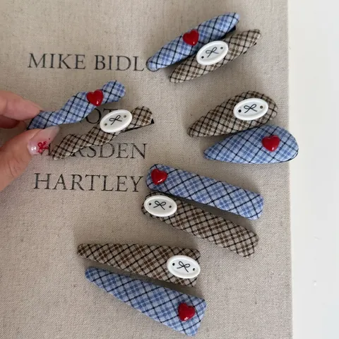 Pinces à Cheveux Vintage en Tissu Plaid Gingham avec Cœur et Nœud pour Femmes Pinces BB en Métal Enveloppées de Tissu Style Français