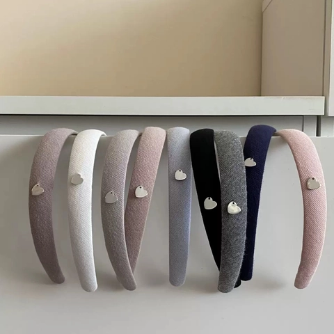 French Retro Padded Headband Women Polyester Cotton Fabric Hair Band With Silver Heart Metal Tag Fashion Hair Accessories