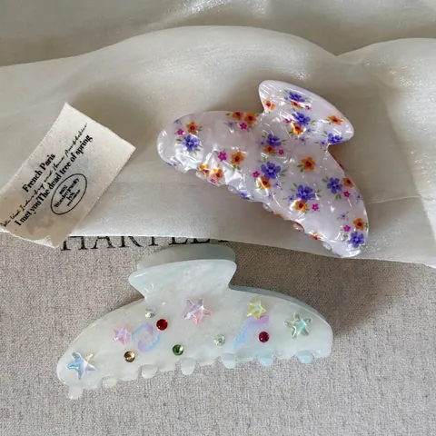 Fermaglio per Capelli Coreano in Acetato con Fiori e Stelle per Donna Fatto a Mano Fermaglio a Squalo Strass Accessori Capelli