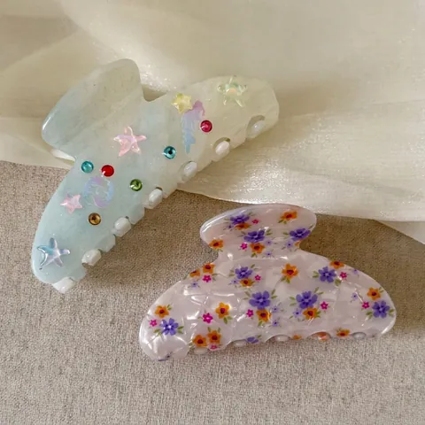 Fermaglio per Capelli Coreano in Acetato con Fiori e Stelle per Donna Fatto a Mano Fermaglio a Squalo Strass Accessori Capelli