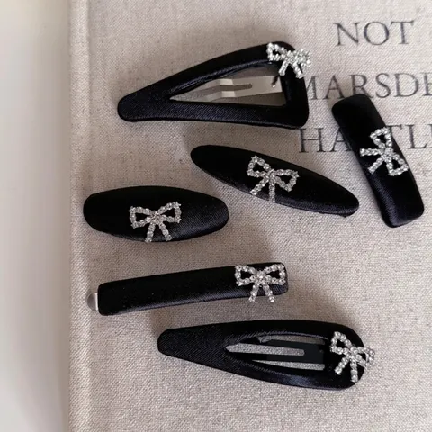 French Style Black Satin Bow Hair Clips Rhinestone Bowknot BB Clips For Women Elegant Hair Accessories Side Clips