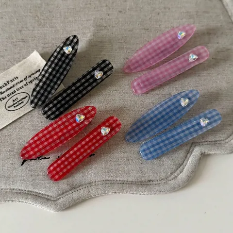 Barrettes à Cheveux Vichy Douces avec Cœur en Strass Mode Pinces à Bec de Canard en Acrylique Accessoires Cheveux pour Femmes Filles