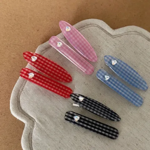 Barrettes à Cheveux Vichy Douces avec Cœur en Strass Mode Pinces à Bec de Canard en Acrylique Accessoires Cheveux pour Femmes Filles