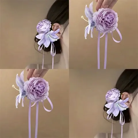 Fermaglio per Capelli in Satin Fatto a Mano Peonia Delicato Pizzo Fiore Becco d'Anatra per Donna Romantico Nastro