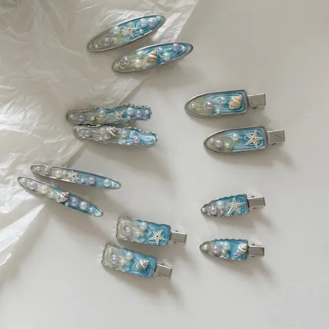 Pinza para el Pelo con Estrella de Mar y Concha Azul Estilo Oceánico Resina Perla Artificial de Imitación Accesorios para el Pelo Playa Verano Mujer