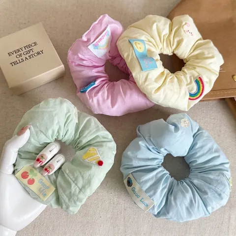 Sweet Large Fabric Scrunchies With Cute Embroidery Rainbow Cherry Pattern Soft Hair Ties For Women Daily Hair Accessories