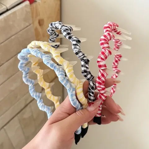 Women's Gingham Fabric Wrapped Headband With Non-Slip Comb Teeth Korean Style Geometric Checkerboard Hair Band For Daily Styling