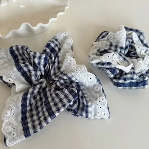 Elastico per Capelli Gingham Blu Notte con Pizzo Stile Preppy Coreano Accessori per Capelli Donna Vintage Pastorale Estetica