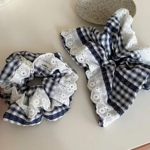 Elastico per Capelli Gingham Blu Notte con Pizzo Stile Preppy Coreano Accessori per Capelli Donna Vintage Pastorale Estetica