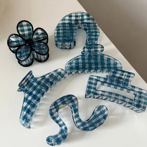 Blauw Wit Gingham Acryl Haai Haarclip Geometrisch Ruit Grote Haarklauw Voor Vrouwen Koreaanse Eenvoudige Stijl Styling Accessoire