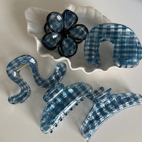 Blauw Wit Gingham Acryl Haai Haarclip Geometrisch Ruit Grote Haarklauw Voor Vrouwen Koreaanse Eenvoudige Stijl Styling Accessoire