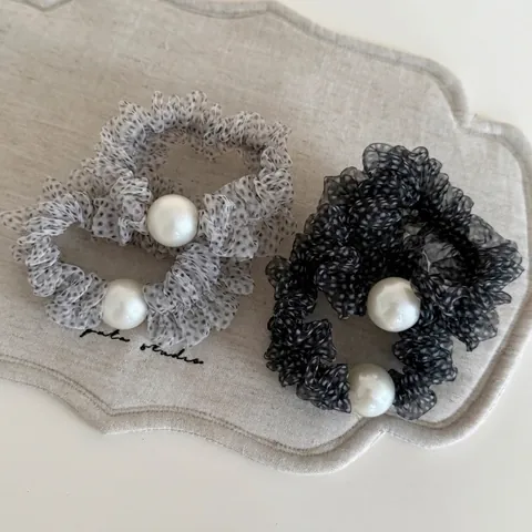 Coleteros de Malla a Lunares Vintage Francés Con Perla Artificial Gomas de Pelo Elásticas para Mujer Accesorios Elegantes para el Cabello